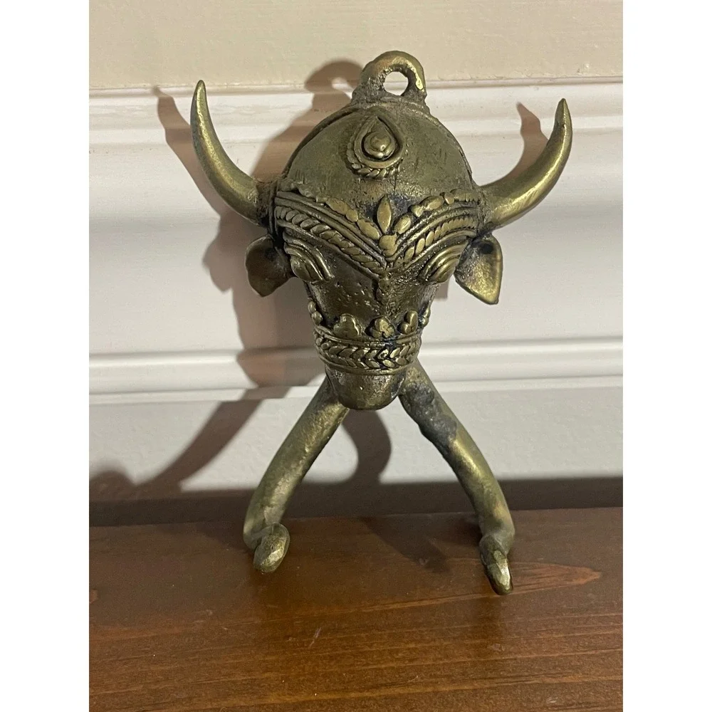 Vintage Brass Bull Head Wall Hook Double Hook Decorative Entryway Hanger 4 Inch